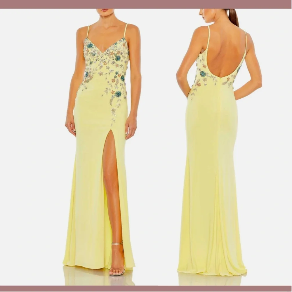 NWT Mac Duggal [ 4 ] Multi Color Beaded Floral Cami‎ Slit Gown Yellow - Picture 3 of 15